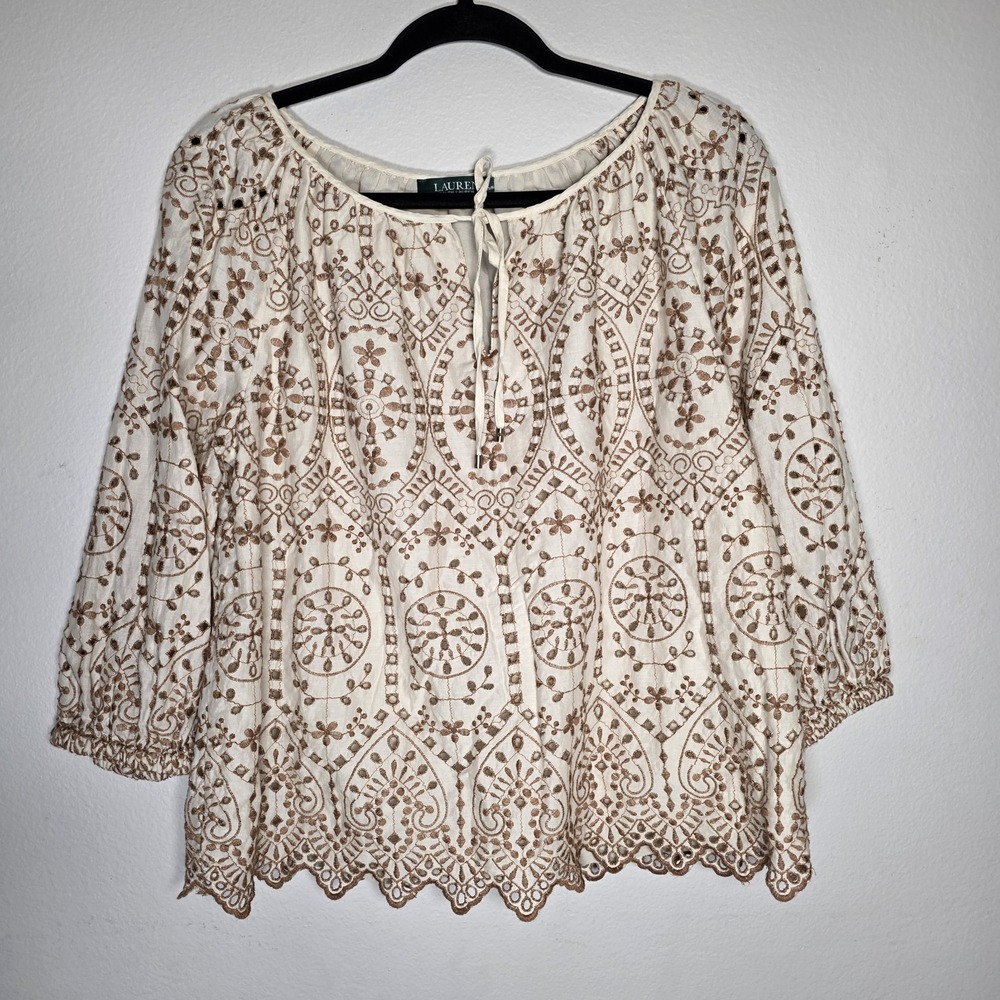 Ralph Lauren LRL Petite Large Cream Embroidered Boho Cottagecore Peasant‎ Top